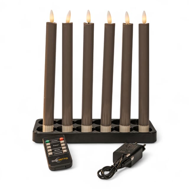 LED-Stabkerzen dunkelgrau 250 mm – wiederaufladbar, Set mit 6 Stück, dimmbar und mit Timer