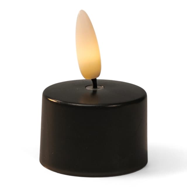 LED-Teelichter Off-Black No.57 – Schwarz mit realistischem Flammeneffekt – Warmweißes Licht – Bis zu 400 Stunden Leuchtdauer
