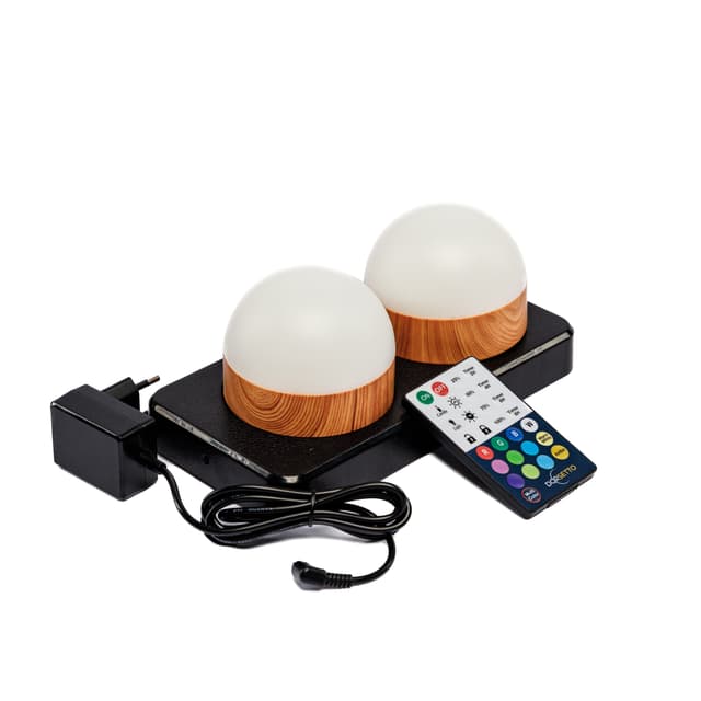Tischlampe DORSETTO wiederaufladbar 105 Stunden – 2er-Set – wasserdicht – Weiß mit Holzoptik – mit Fernbedienung