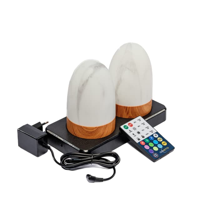 DORSETTO Tischlampen-Set wiederaufladbar 105 Stunden – wasserdicht – 2er-Set oval – Marmor Weiß Grau Holzoptik – mit Fernbedienung