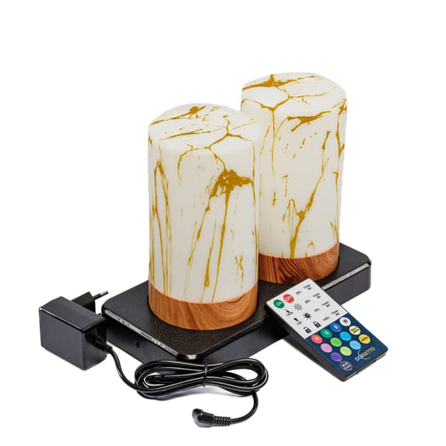 DORSETTO Tischlampen-Set wiederaufladbar 105 Stunden – wasserdicht – 2er-Set Zylinderform – Marmor Gold Holzoptik – mit Fernbedienung