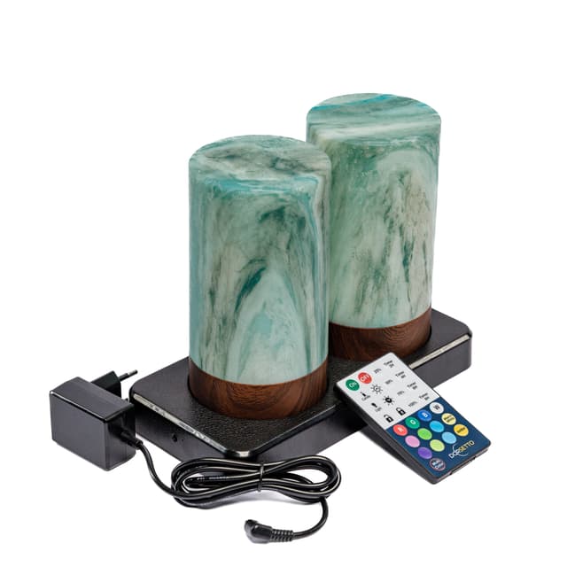 DORSETTO Tischlampen-Set wiederaufladbar 105 Stunden – wasserdicht – 2er-Set Zylinderform – Grün Marmor Holzoptik – mit Fernbedienung
