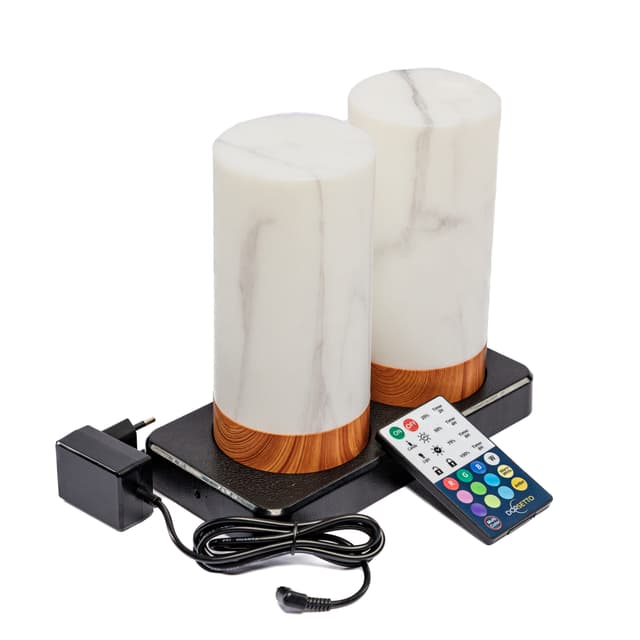 DORSETTO Tischlampen-Set wiederaufladbar 105 Stunden – wasserdicht – 2er-Set Zylinderform – Marmor Weiß Grau Holzoptik – mit Fernbedienung