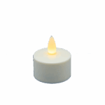 Het LED waxinelichtje met schuifje onderop oplaadbaar warm wit LOS straalt een warm wit licht uit tegen een zwarte achtergrond.