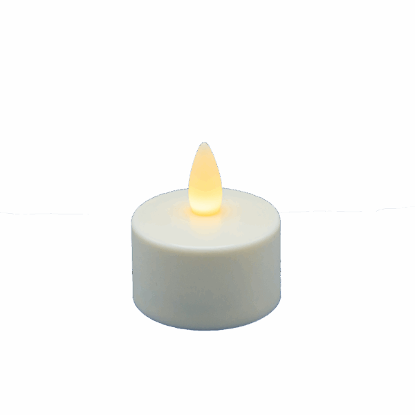 Het LED waxinelichtje met schuifje onderop oplaadbaar warm wit LOS straalt een warm wit licht uit tegen een zwarte achtergrond.