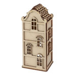 De Waxinelichthouder houten huis DORSETTO is een klein houten model van een hoog, smal huis met boogramen en een pannendak - een ideale keuze voor een gezellige inrichting.
