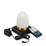 De Tafellamp DORSETTO is een oplaadbare, waterdichte tafellamp (105 uur), ovaal met witte kap en goudkleurige basis. Hij staat op een zwart platform, met afstandsbediening met gekleurde knoppen en zwarte adapter ernaast.