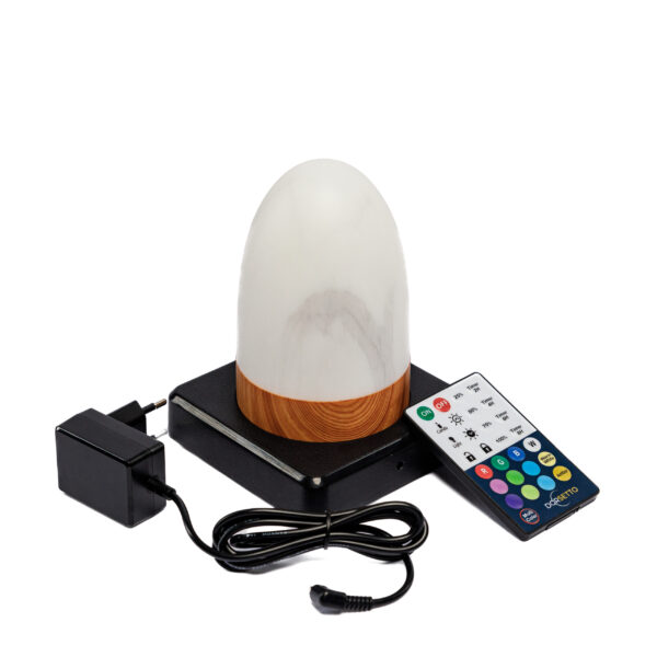 De Tafellamp DORSETTO is een oplaadbare, waterdichte ovale lamp in marmerwit en grijs houtlook. Inclusief afstandsbediening, voedingsadapter en zwarte oplaadkabel, allemaal elegant weergegeven op een witte achtergrond.