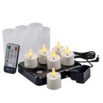 De 3D oplaadbare LED-thee/waxinelichtjes 175 uur set bevat 6 stuks met timerfunctie, afstandsbediening, zwarte oplaadbasis, adapter en zes matte houders voor een warme sfeer.