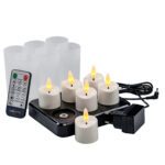 De 3D oplaadbare LED-thee/waxinelichtjes 175 uur - met Afstandsbediening bevat 6 oplaadbare theelichtjes met flikkerend geeloranje licht, matte houders, zwarte oplaadbasis, afstandsbediening, timerfunctie, adapter en snoer.