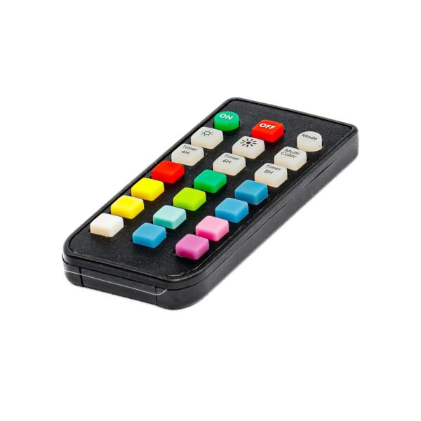 De Afstandsbediening voor RGB LED waxinelichtjes DORSETTO is voorzien van kleurrijke vierkante en witte ronde knoppen, inclusief knoppen voor AAN, UIT en de verlichtingsmodus, allemaal tegen een witte achtergrond.