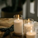 De DORSETTO led kaarsen set - oplaadbaar 105 uur met 3D vlam en afstandsbediening brandt op een houten oppervlak, naast een dennentak, en zorgt met de zachte achtergrond voor een warme, gezellige sfeer.