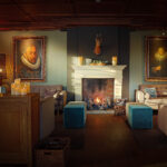 Een gezellige woonkamer met een verlichte open haard, sofa's, blauwe voetenbanken en klassieke portretten. Warme verlichting van LED dinerkaars oplaadbaar 97mm kaarsen (set van 6, warm wit, 130h met afstandsbediening) en een gemonteerde hertenkop boven de schouw creëren een gezellige sfeer.