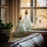 Twee getextureerde glazen vazen met 3D oplaadbare LED-thee/waxinelichtjes 175 uur - met Afstandsbediening - 12 stuks - timerfunctie erop staan op een vensterbank achter een bruine leren bank, bij een potplant, met bomen zichtbaar door het raam.