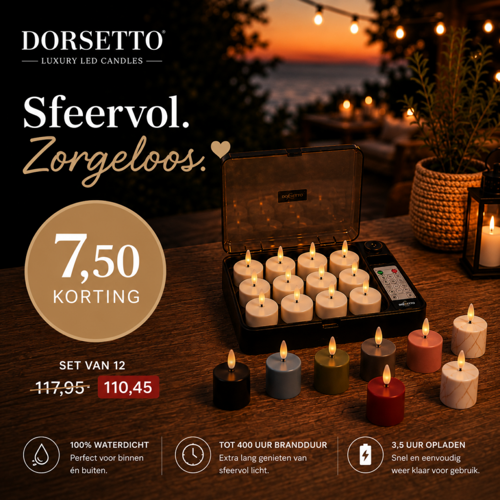 Ein Set aus 12 bunten LED-Teelichtern, die vor einem Ladekoffer mit Fernbedienung angeordnet sind; das Ganze steht auf einem Holztisch, umgeben von warmem Kerzenlicht, und ist mit dem Dorsetto-Logo sowie einem Werbetext auf Niederländisch versehen.