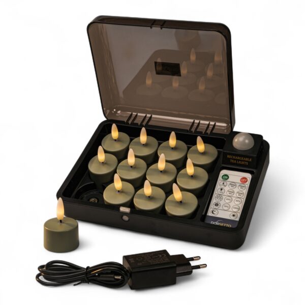 Een set van twaalf olijfgroene LED theelichtjes met een brandduur tot 400 uur, compleet met afstandsbediening.