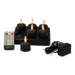 De Oplaadbare waxinelichtjes zwart set bevat 6 oplaadbare zwarte waxinelichtjes met een brandtijd tot 400 uur, afstandsbediening en oplaadbasis, weergegeven op een witte achtergrond.