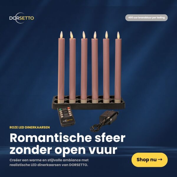 Das 6er-Set LED-Stabkerzen in Rosa (250 mm), wiederaufladbar, dimmbar und mit Fernbedienung, wird auf schwarzem Sockel vor dunklem Hintergrund präsentiert. Ein "Shop nu" Button und niederländischer Text sind sichtbar.