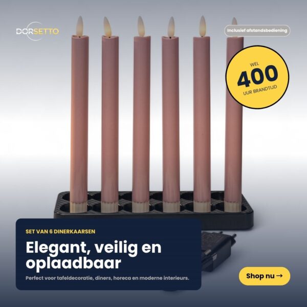 Sechs LED-Stabkerzen in Rosa (250 mm, wiederaufladbar, dimmbar) stehen elegant im schwarzen Ladefuß. Sie bieten Fernbedienung, Sicherheit und bis zu 400 Stunden Leuchtdauer. "Shop nu"-Button unten rechts.