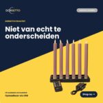 Das 6er-Set LED-Stabkerzen in Rosa (250 mm), wiederaufladbar, dimmbar und mit Fernbedienung, wird auf einer schwarz-gelben Basis präsentiert; der niederländische Text hebt hervor, wie echt sie echten Kerzen ähneln.