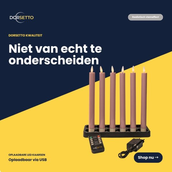 Das 6er-Set LED-Stabkerzen in Rosa (250 mm), wiederaufladbar, dimmbar und mit Fernbedienung, wird auf einer schwarz-gelben Basis präsentiert; der niederländische Text hebt hervor, wie echt sie echten Kerzen ähneln.