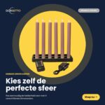Ein Set von sechs 250 mm großen rosa LED-Stabkerzen, wiederaufladbar, dimmbar und ferngesteuert, wird auf einem schwarzen Ständer mit niederländischem Text präsentiert, der für verstellbare Tischkerzen wirbt.