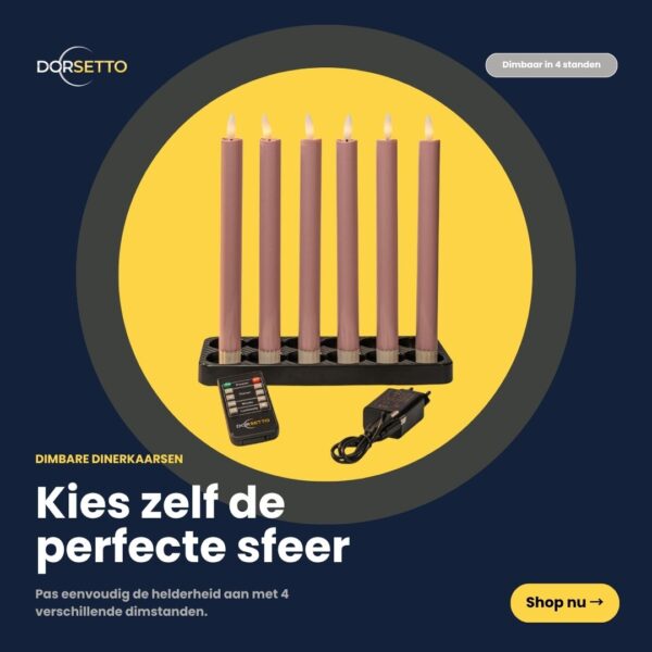 Ein Set von sechs 250 mm großen rosa LED-Stabkerzen, wiederaufladbar, dimmbar und ferngesteuert, wird auf einem schwarzen Ständer mit niederländischem Text präsentiert, der für verstellbare Tischkerzen wirbt.