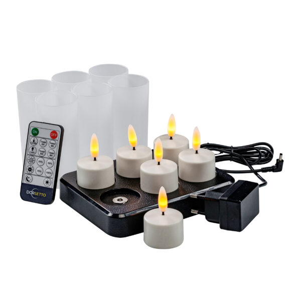 Der Import-Platzhalter für 3128 enthält sechs batteriebetriebene LED-Teelichter mit flackernden Flammen, sechs mattierte Halterungen, eine Ladestation, eine Fernbedienung und einen Netzadapter, die alle zusammen ausgestellt sind.