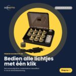 Ein Set mit 12 olivgrünen LED-Teelichtern mit Fernbedienung und einer Brenndauer von bis zu 400 Stunden auf einem dunkelblauen Hintergrund mit niederländischem Text und einer gelben "Shop nu"-Taste.