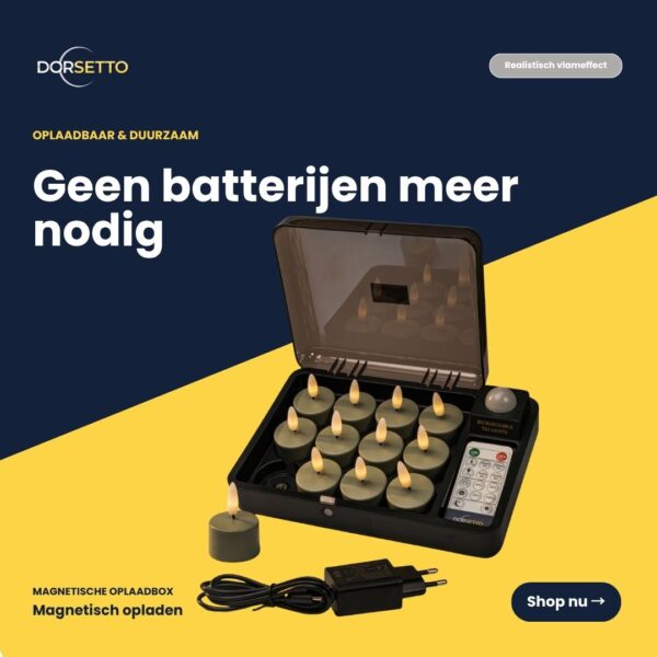 Ein Set von 12 olivgrünen, wiederaufladbaren LED-Teelichtern mit Fernbedienung, bis zu 400 Stunden Brenndauer, auf gelbem und marineblauem Hintergrund. Der niederländische Text hebt die batterielose, nachhaltige Beleuchtung hervor.