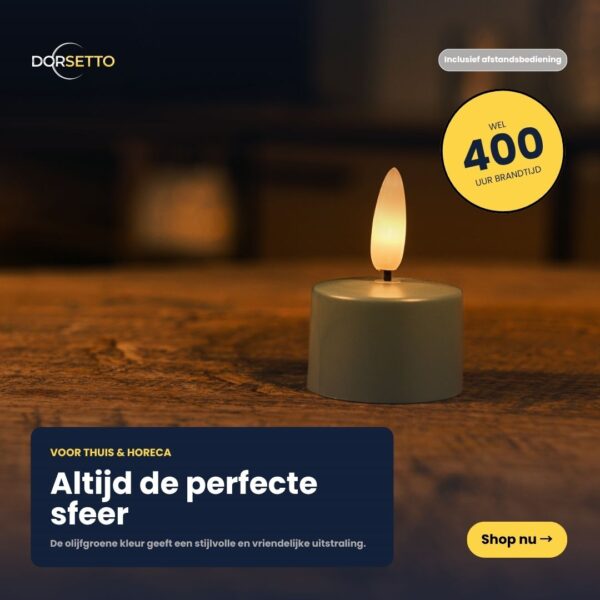 Ein Set aus 12 olivgrünen LED-Teelichtern mit bis zu 400 Stunden Brenndauer und Fernbedienung steht auf einem Holztisch und sorgt für ein stimmungsvolles Ambiente. Die Schaltfläche "Shop nu" erscheint unten rechts.