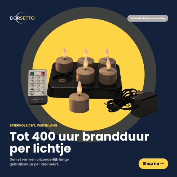 Das Set „Wiederaufladbare LED-Teelichter Beige – 6er-Set“ enthält eine Fernbedienung; jedes Teelicht hat eine Brenndauer von bis zu 400 Stunden. Auf einem schwarzen Untergrund präsentiert, eignen sich diese batteriebetriebenen Teelichter perfekt für jede Umgebung.