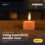 Zwölf wiederaufladbare rosa LED-Teelichter leuchten auf Holz. Der niederländische Text wirbt für sicheres Kerzenlicht - ohne Brandgefahr - von Dorsetto. Jedes Teelicht hält bis zu 400 Stunden und wird mit einer Fernbedienung geliefert. Die Schaltfläche "Shop nu" befindet sich in der unteren rechten Ecke.
