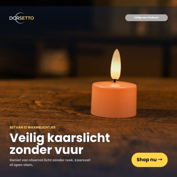 Zwölf wiederaufladbare rosa LED-Teelichter leuchten auf Holz. Der niederländische Text wirbt für sicheres Kerzenlicht - ohne Brandgefahr - von Dorsetto. Jedes Teelicht hält bis zu 400 Stunden und wird mit einer Fernbedienung geliefert. Die Schaltfläche "Shop nu" befindet sich in der unteren rechten Ecke.