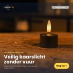 Ein Set von 12 schwarzen, wiederaufladbaren Teelichtern leuchtet auf Holz. Niederländischer Text hebt bis zu 400 Stunden sicheres, flammenloses Licht mit Fernsteuerung hervor. Ein gelber "Shop nu"-Button lädt zum Kauf ein.