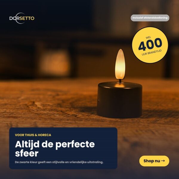 Ein Set von 12 schwarzen, wiederaufladbaren LED-Teelichtern mit einer Brenndauer von bis zu 400 Stunden und Fernbedienung steht auf einem Holztisch. Ein niederländischer Text wirbt für ein perfektes Ambiente, und unten rechts befindet sich die Schaltfläche "Shop nu".
