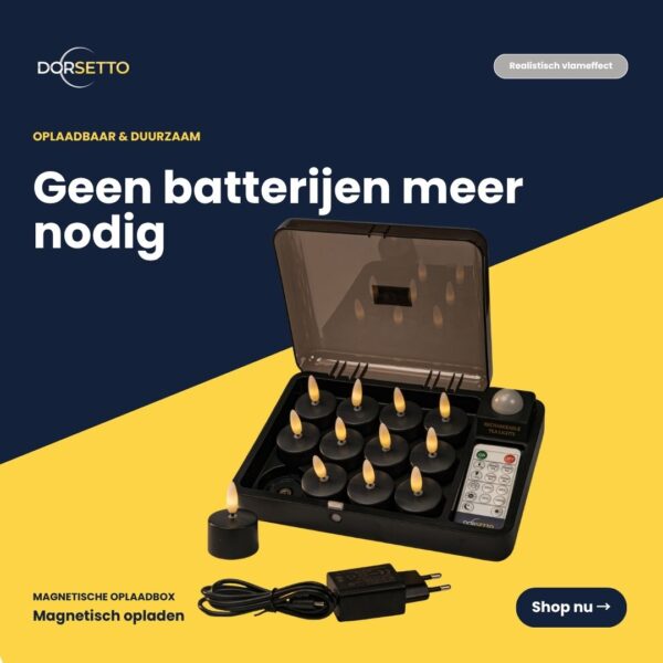 Das wiederaufladbare Teelichter Schwarz Set enthält 12 LED-Teelichter mit bis zu 400 Stunden Brenndauer, Fernbedienung, Ladestation und Stecker - ganz ohne Batterien dank magnetischer Aufladung.