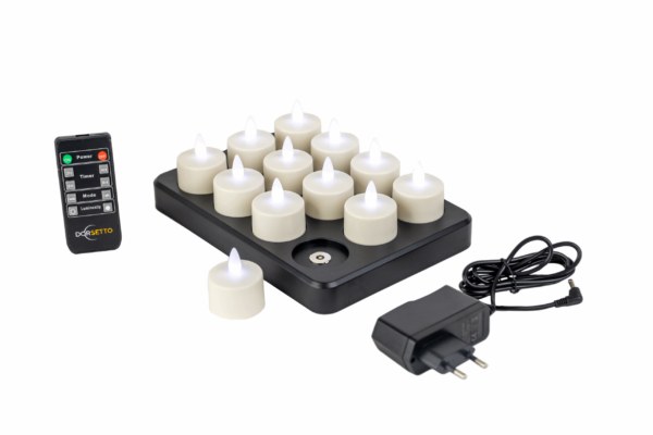 Set mit 6 wiederaufladbaren LED-Teelichtern (3D), bis zu 400 Stunden Brenndauer, mit Fernbedienung und Timerfunktion, auf weißem Hintergrund.